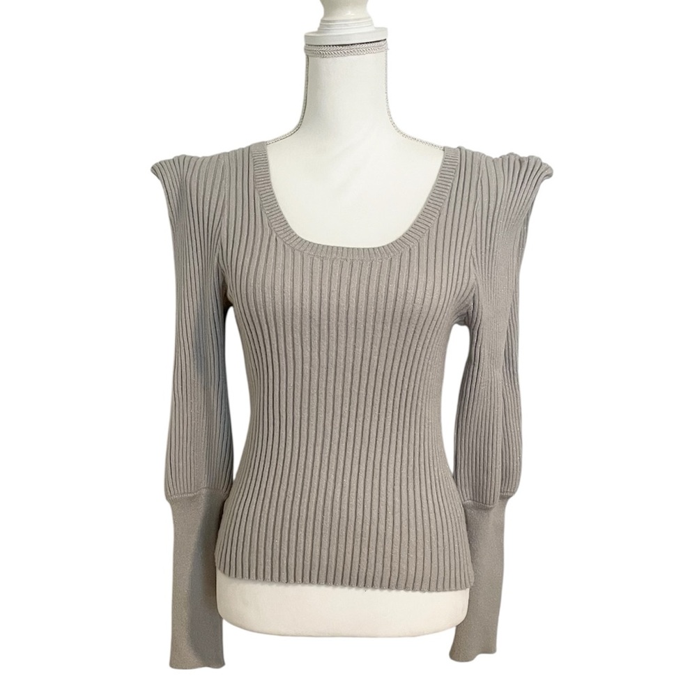 Express Scoop Neck Light Gray Sparkle Ribbed Sweater with Unique Sleeves Women’s
